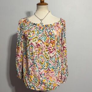 Savanna Jane Multicolor Boho Off-Shoulder Blouse in Pink Blue Yellow